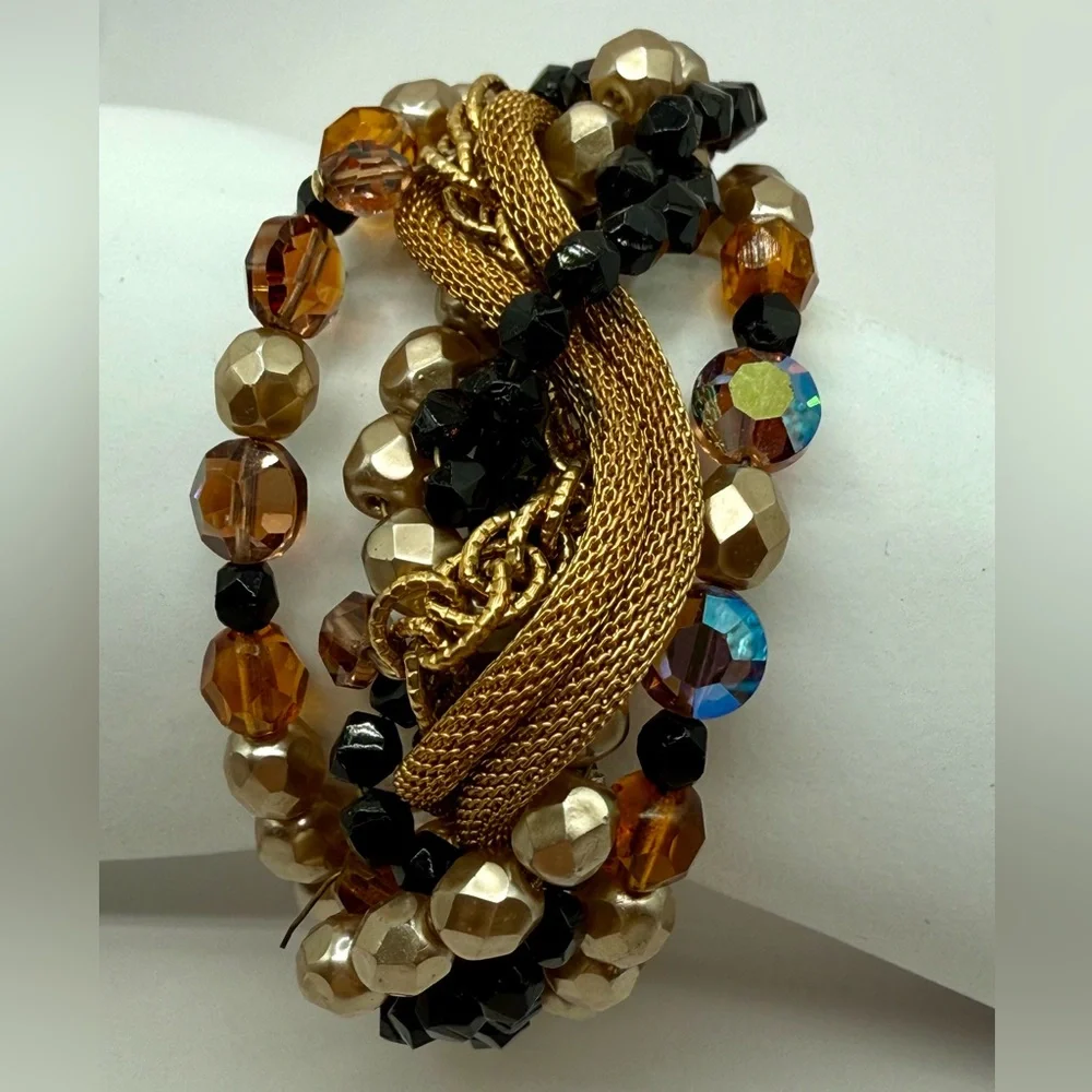 Bohemian Mixed Media Multi-Strand Wire Bracelet Adjustable Glass, AB, Gold Tone